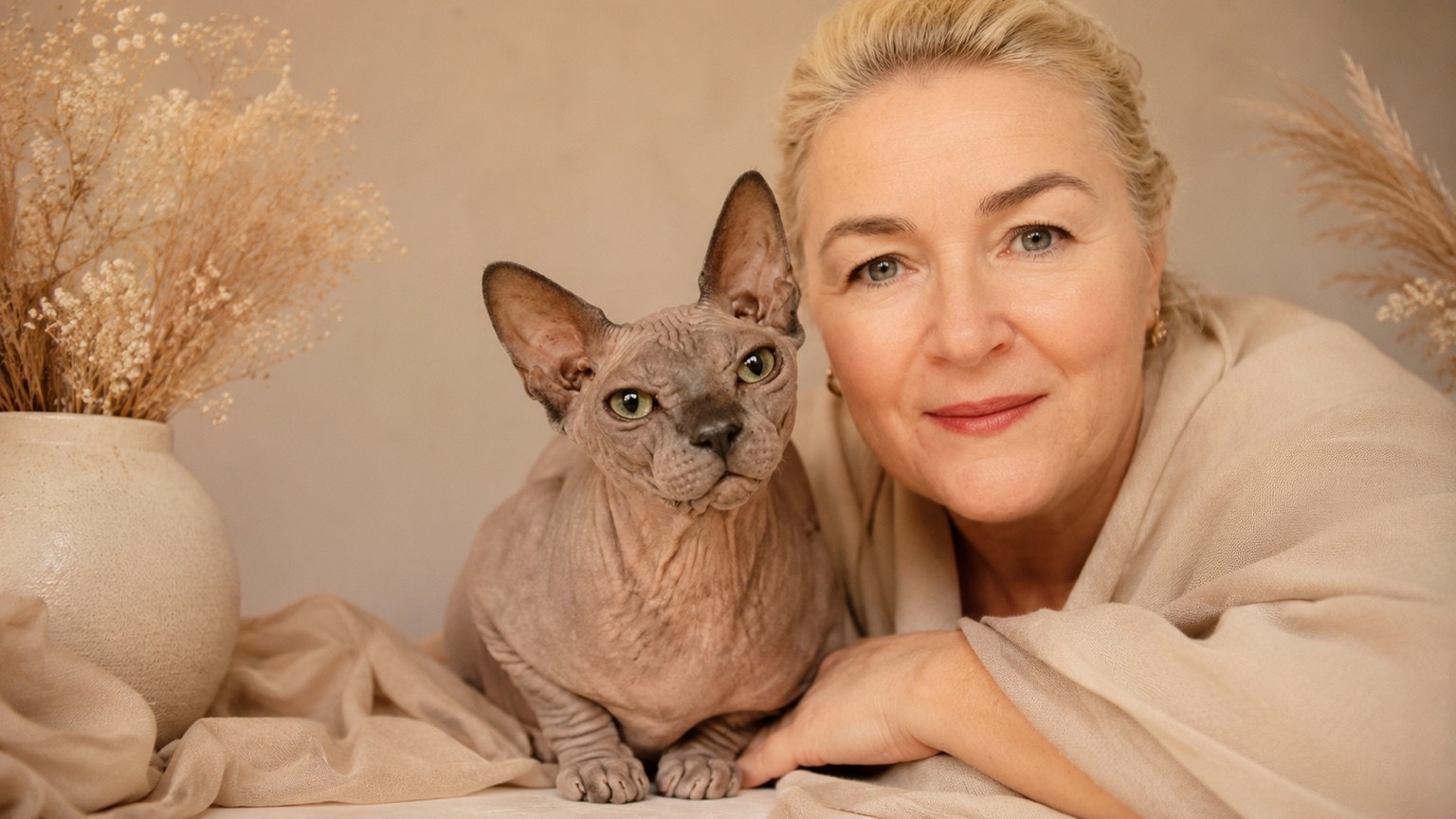 Marina, founder of Grace of Egypt, with a Sphynx cat